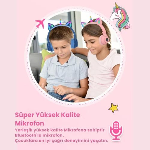 Polham Unicorn 94Db Güvenli Ses Limitli Yumuşak Kulak pedli Bluetooth Kulaklık Çocuk Kulaklığı Uzun Şarjlı Mavi - Görsel 3