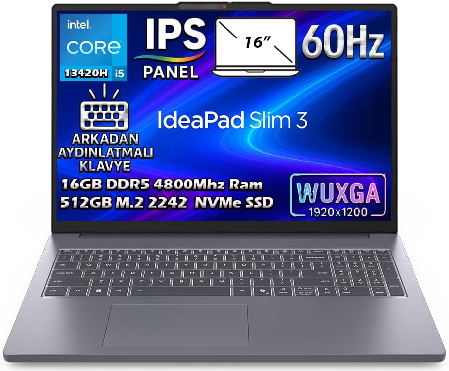 Lenovo IdeaPad Slim 3 16IRH10 Intel Core i5-13420H 16GB 512GB SSD 16" WUXGA (1920x1200) IPS Panel Freedos Taşınabilir Dizüstü Bilgisayar 83K20073TR - Görsel 1