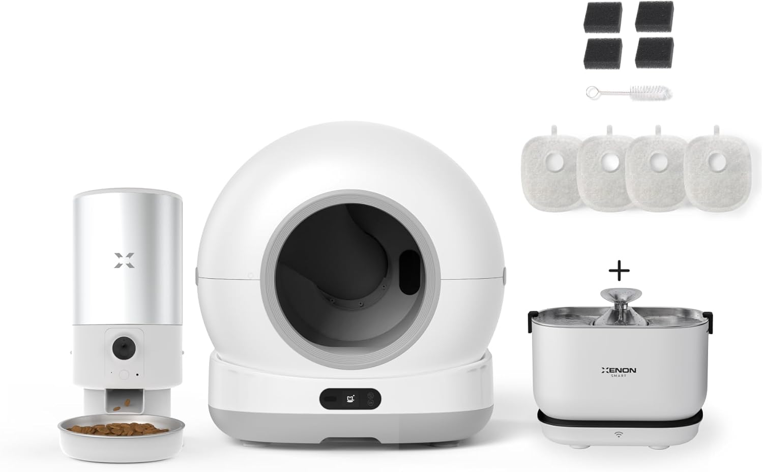 Xenon Smart Akıllı Otomatik Kedi Tuvaleti (Kamerasız) Çelik Köpek Mama Kabı Şarjlı Bataryalı Su Pınarı Sebili ve Filtre (4 Adet) Evcil Hayvan 4'lü Pet Ürünleri Başlangıç Seti