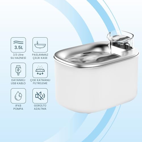 Haustier WF007L Otomatik Kedi Su Sebili,Kedi Su Çeşmesi, Su Şelalesi, Su Pınarı 3.5Lt Geniş Hazne, Bpa Içermez, Ultra Sessiz (Beyaz) - Görsel 3