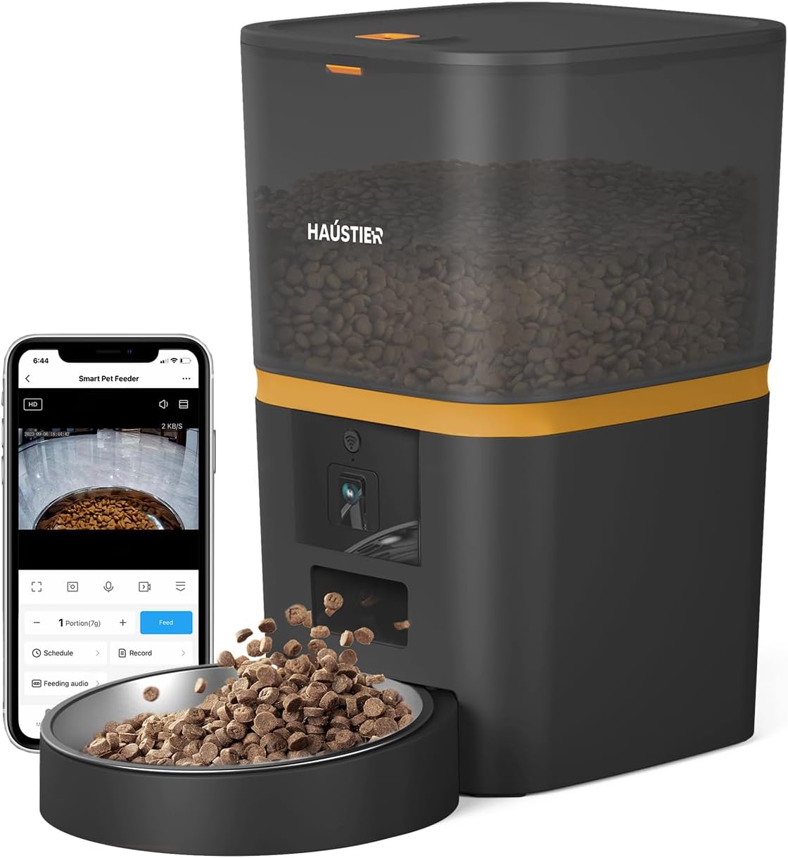 Haustier QQ005 Kameralı Akıllı Kedi Köpek Otomatik Mama Kabı, Tuya App-Wifi Uzaktan Kontrol, Sesle Çağırma, 480P Kamera, 6lt Hazne, Metal Kase (Siyah)