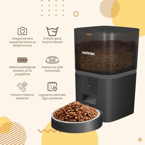 Haustier QQ005 Kameralı Akıllı Kedi Köpek Otomatik Mama Kabı, Tuya App-Wifi Uzaktan Kontrol, Sesle Çağırma, 480P Kamera, 6lt Hazne, Metal Kase (Siyah) - Görsel 3