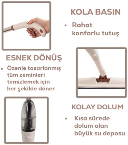 Porsima 13279 Deterjan Hazneli 360 Derece Dönebilen Sprey Mop Yedek Bezli Temizlik Paspası - Krem - Görsel 6
