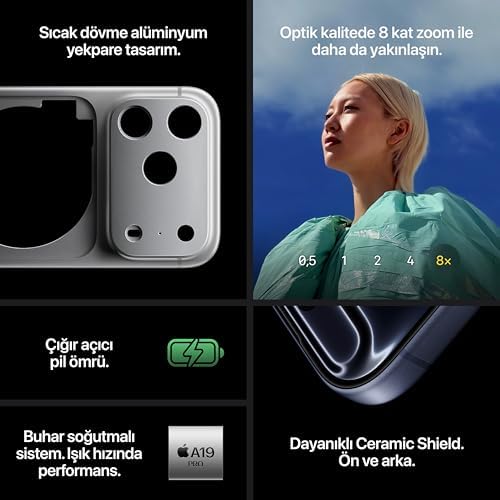 Apple iPhone 17 Pro 1 TB: 120 Hz’e kadar ProMotion teknolojisine sahip 6.3 inç ekran, A19 Pro Çip, Çığır Açıcı Pil Ömrü, Center Stage Ön Kamera özellikli Pro Fusion Kamera Sistemi; Gümüş Rengi - Görsel 5